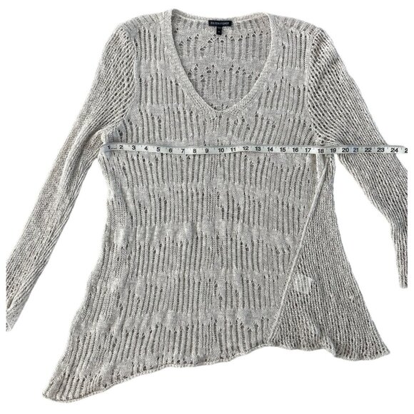 Eileen Fisher Melange Crochet Tunic V-Neck Sweater Linen XL Pebble Asymmetric - Picture 5 of 11